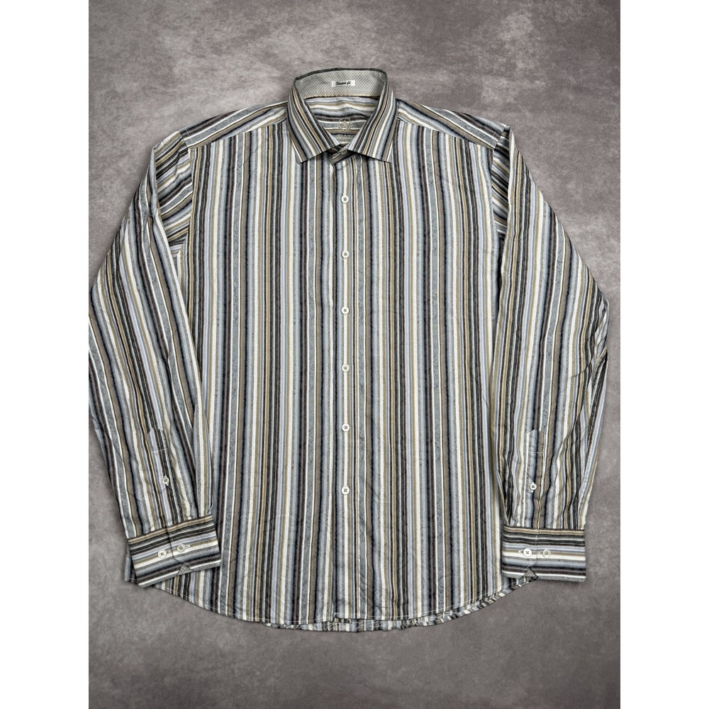 Bugatchi Shirt Mens Large Brown Gray Striped Button Up Shaped Fit‎ Cotton Dressy